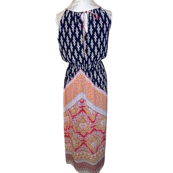 Sweet Storm Printed Halter Maxi Dress Navy White Yellow Peach Pink Medium - Picture 6 of 14